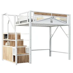 Enfant Redom Lit mezzanine 140x200 cm avec rangement sous marches, garde-corps fenêtre et structure métal/bois