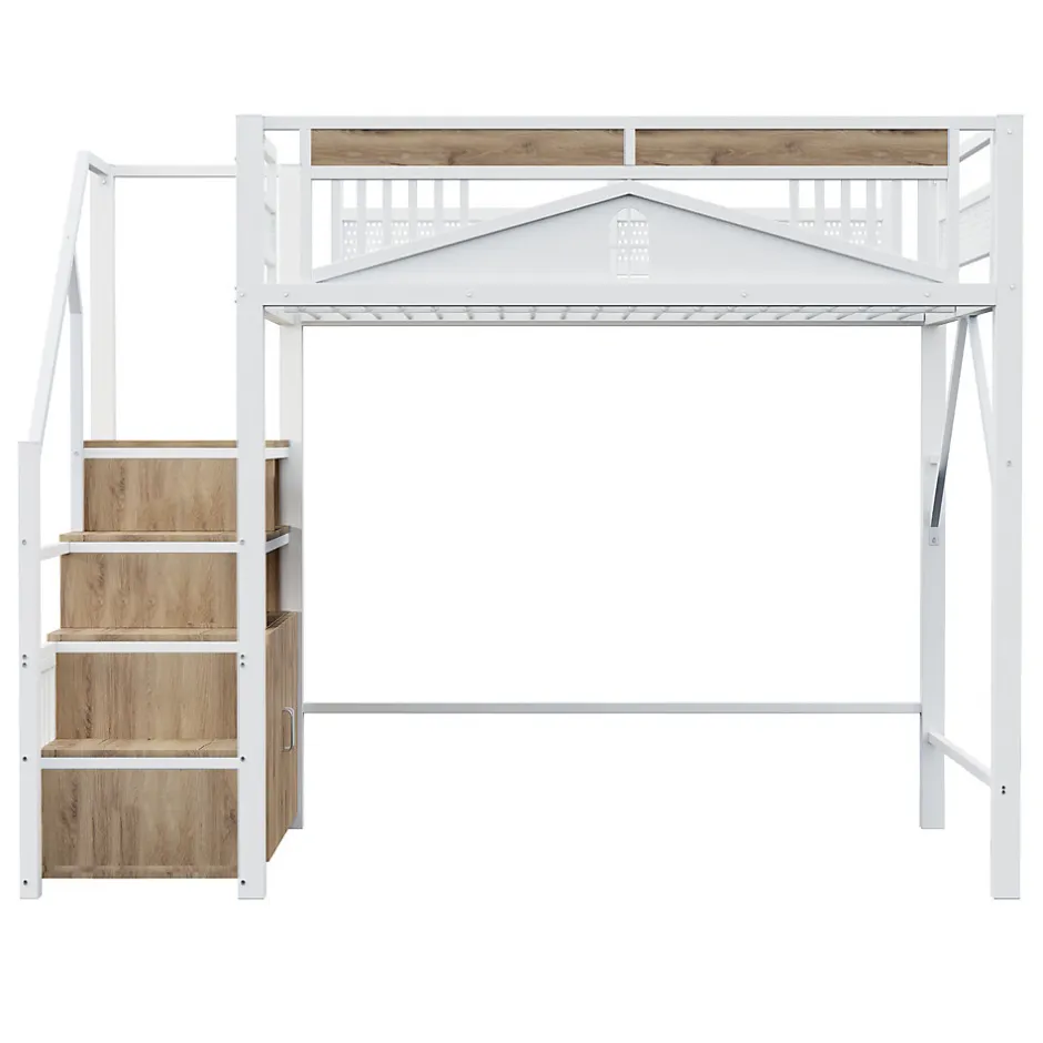 Enfant Redom Lit mezzanine 140x200 cm avec rangement sous marches, garde-corps fenêtre et structure métal/bois