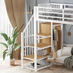 ModernLuxe Lit mezzanine 90x200 cm avec étagère de rangement et roulettes - cintre et échelle - Métal+MDF - Blanc+Naturel(sans matelas) Hot