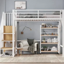 ModernLuxe Lit mezzanine 90x200 cm avec étagère de rangement et roulettes - cintre et échelle - Métal+MDF - Blanc+Naturel(sans matelas) Hot