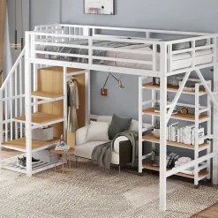 ModernLuxe Lit mezzanine 90x200 cm avec étagère de rangement et roulettes - cintre et échelle - Métal+MDF - Blanc+Naturel(sans matelas) Hot