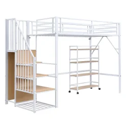 ModernLuxe Lit mezzanine 90x200 cm avec étagère de rangement et roulettes - cintre et échelle - Métal+MDF - Blanc+Naturel(sans matelas) Hot
