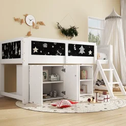 ModernLuxe Lit mezzanine 90x200 cm avec tableau noir - avec 3 portes et une échelle - bois massif+MDF - Blanc(sans matelas)