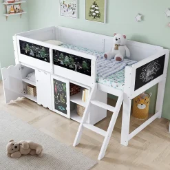ModernLuxe Lit mezzanine 90x200 cm avec tableau noir - avec 3 portes et une échelle - bois massif+MDF - Blanc(sans matelas)