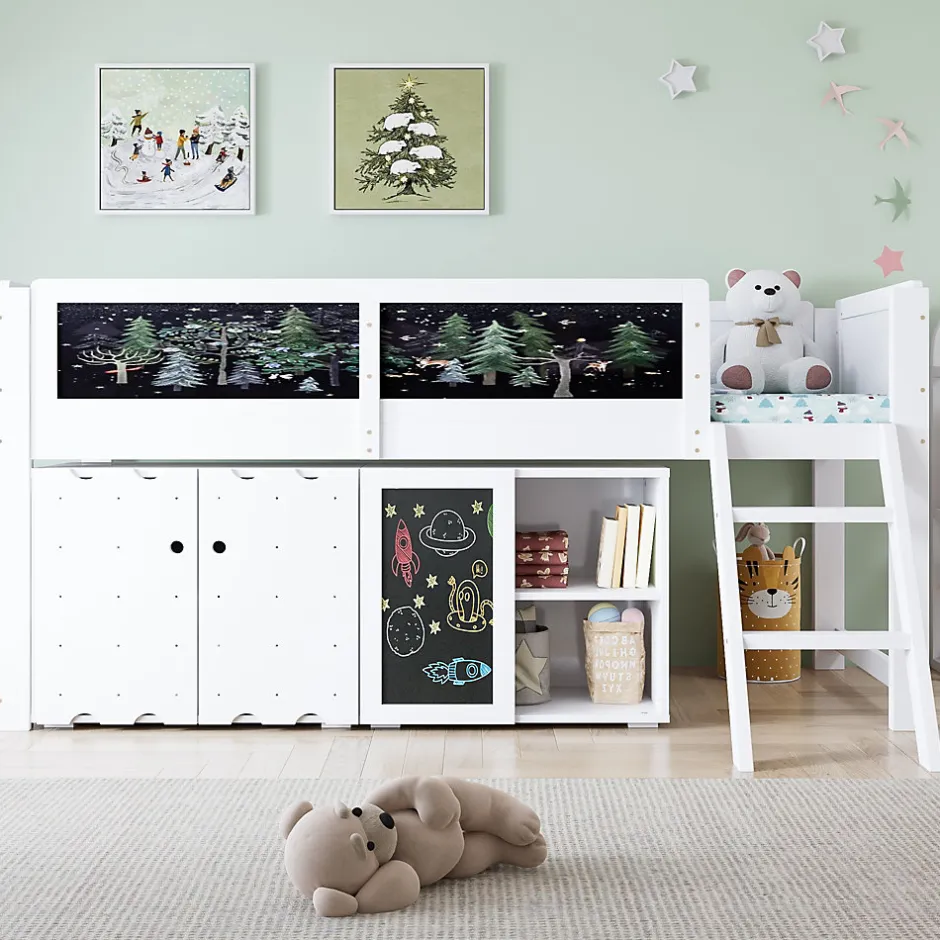 ModernLuxe Lit mezzanine 90x200 cm avec tableau noir - avec 3 portes et une échelle - bois massif+MDF - Blanc(sans matelas)