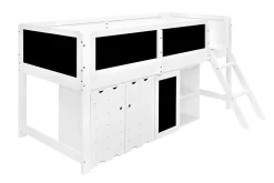 ModernLuxe Lit mezzanine 90x200 cm avec tableau noir - avec 3 portes et une échelle - bois massif+MDF - Blanc(sans matelas)