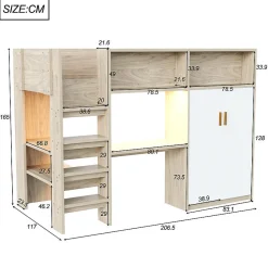 ModernLuxe Lit mezzanine 90x200 cm avec un bureau et une armoire - avec des étagères - avec LED - naturel (matelas non inclus) Online