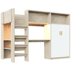 ModernLuxe Lit mezzanine 90x200 cm avec un bureau et une armoire - avec des étagères - avec LED - naturel (matelas non inclus) Online