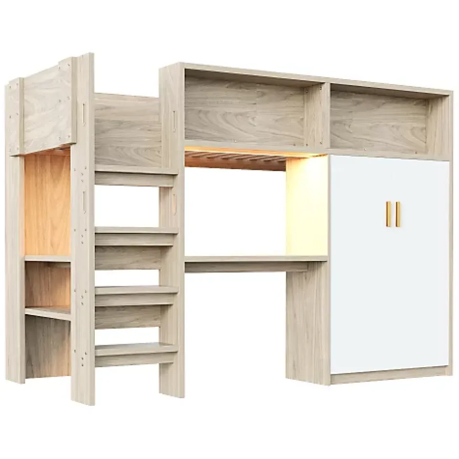 ModernLuxe Lit mezzanine 90x200 cm avec un bureau et une armoire - avec des étagères - avec LED - naturel (matelas non inclus) Online