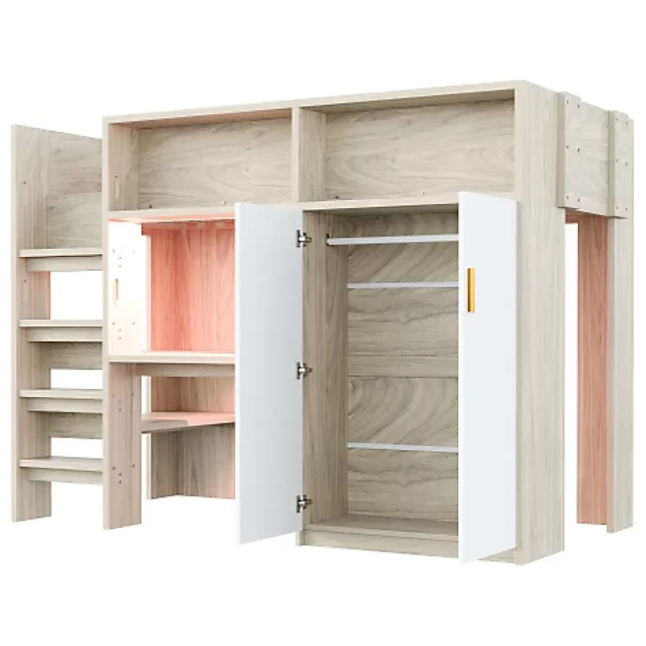 ModernLuxe Lit mezzanine 90x200 cm avec un bureau et une armoire - avec des étagères - avec LED - naturel (matelas non inclus) Online