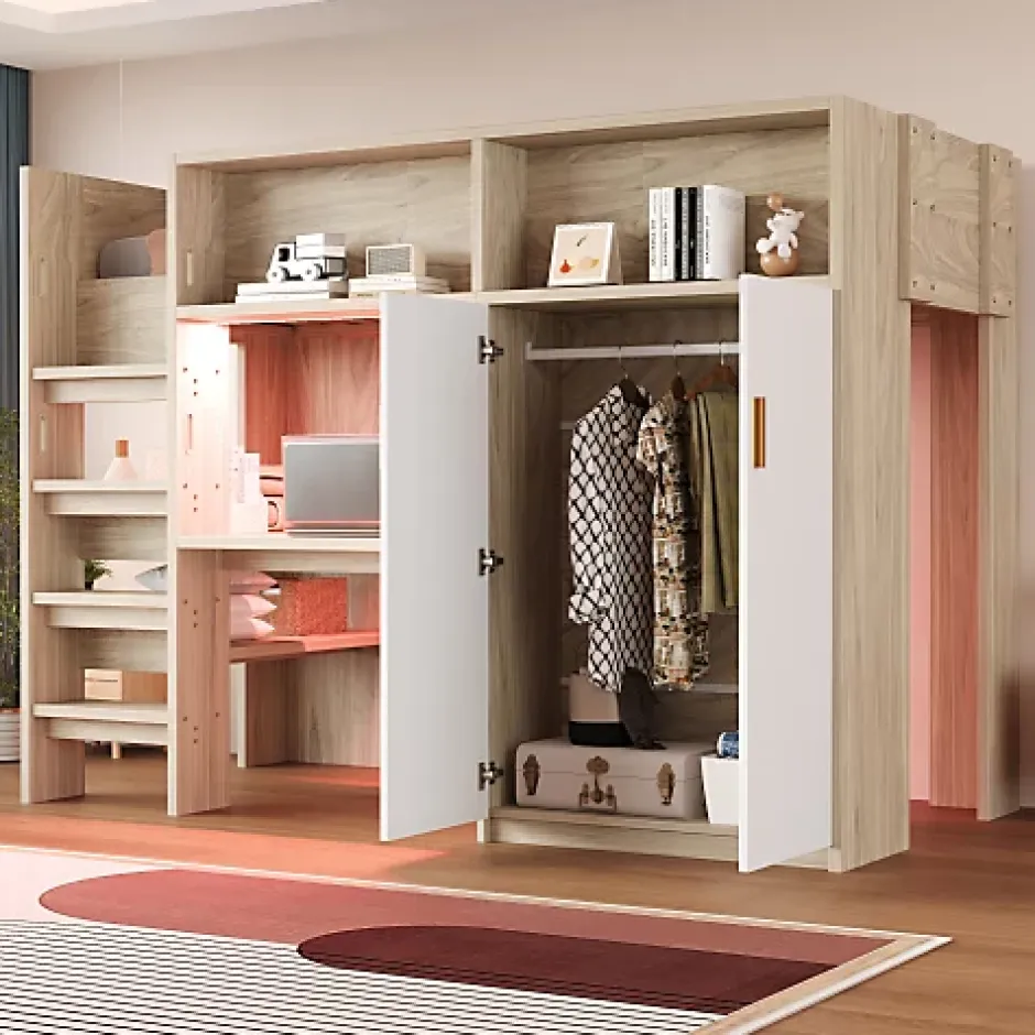 ModernLuxe Lit mezzanine 90x200 cm avec un bureau et une armoire - avec des étagères - avec LED - naturel (matelas non inclus) Online