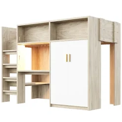 ModernLuxe Lit mezzanine 90x200 cm avec un bureau et une armoire - avec des étagères - avec LED - naturel (matelas non inclus) Online