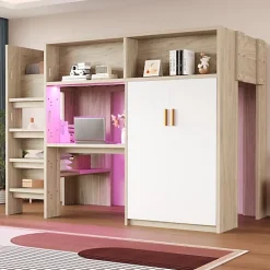 ModernLuxe Lit mezzanine 90x200 cm avec un bureau et une armoire - avec des étagères - avec LED - naturel (matelas non inclus) Online