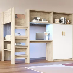 ModernLuxe Lit mezzanine 90x200 cm avec un bureau et une armoire - avec des étagères - avec LED - naturel (matelas non inclus) Online