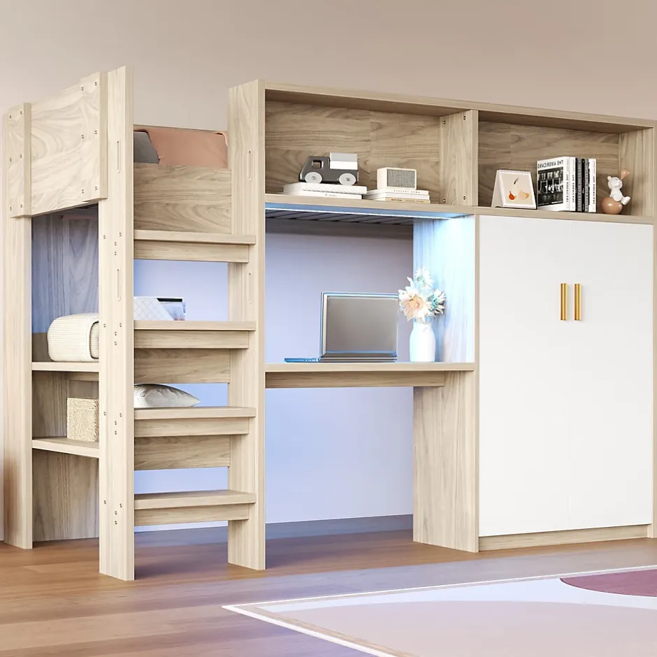 ModernLuxe Lit mezzanine 90x200 cm avec un bureau et une armoire - avec des étagères - avec LED - naturel (matelas non inclus) Online