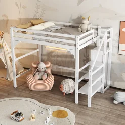Aapaas Lit mezzanine 140x200 cm blanc avec sommier, echelle, armoire et rangement integre pour chambre d adolescent Online