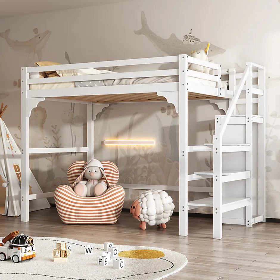 Aapaas Lit mezzanine 140x200 cm blanc avec sommier, echelle, armoire et rangement integre pour chambre d adolescent Online