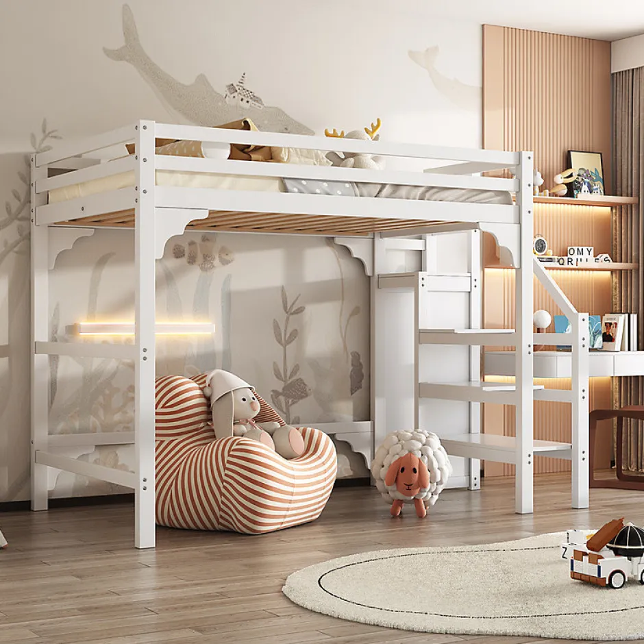 Aapaas Lit mezzanine 140x200 cm blanc avec sommier, echelle, armoire et rangement integre pour chambre d adolescent Online