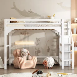 Aapaas Lit mezzanine 140x200 cm blanc avec sommier, echelle, armoire et rangement integre pour chambre d adolescent Online