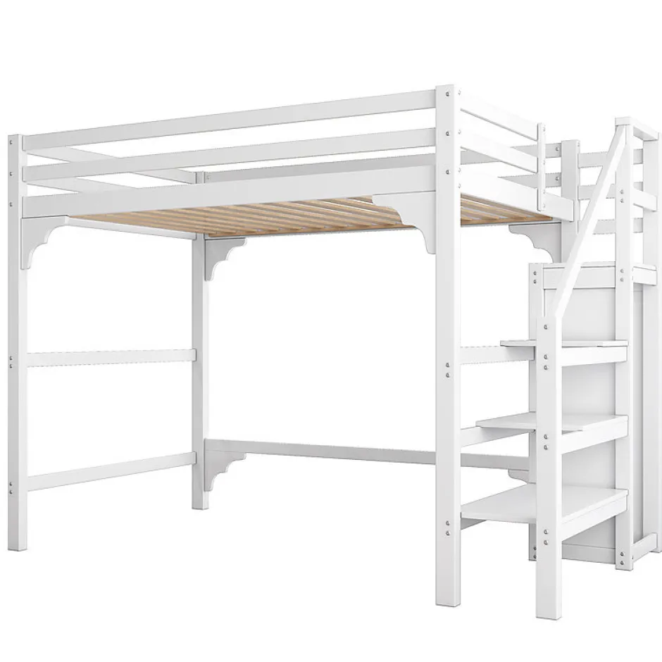 Aapaas Lit mezzanine 140x200 cm blanc avec sommier, echelle, armoire et rangement integre pour chambre d adolescent Online