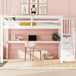 Aapaas Lit mezzanine 140x200 cm blanc avec tiroirs de rangement et bureau intégré sous le lit pour enfant Hot