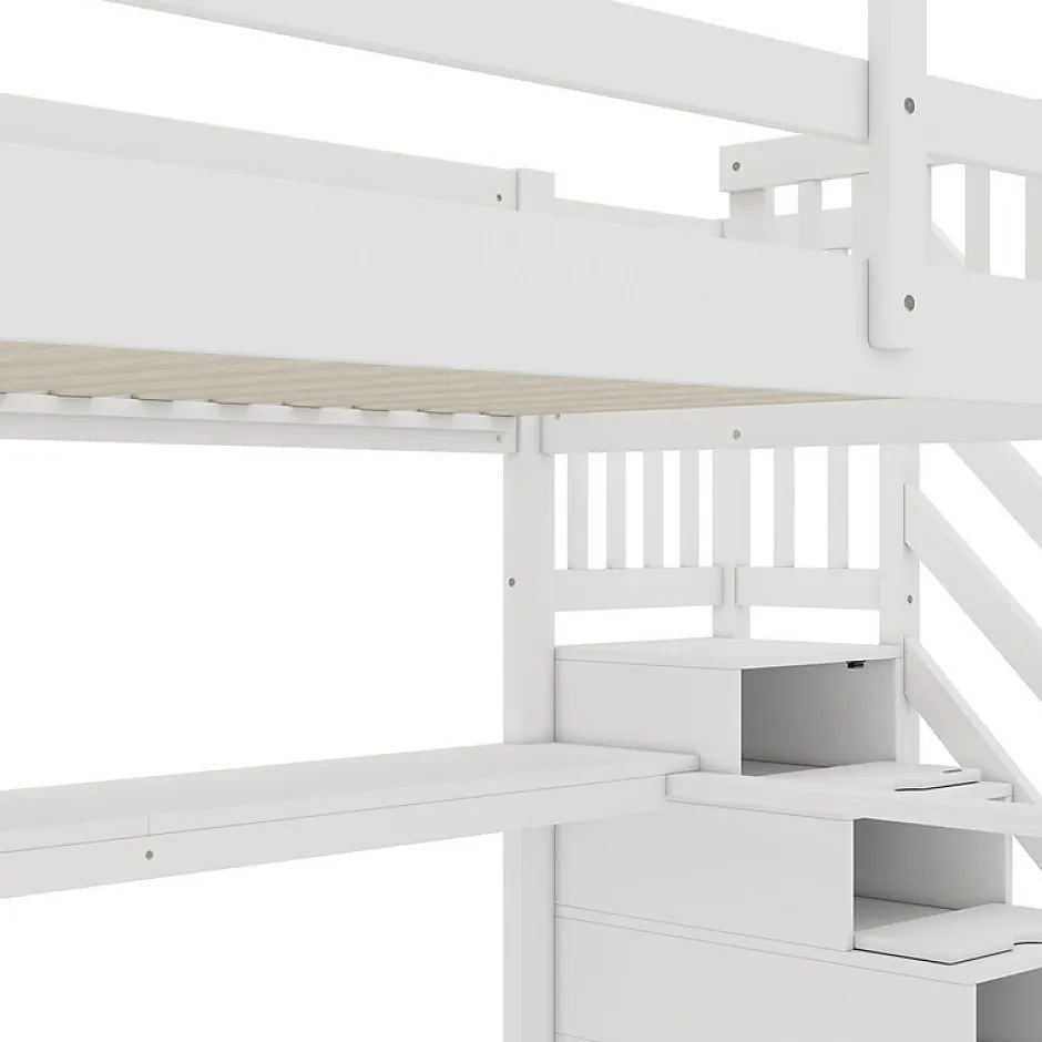 Aapaas Lit mezzanine 140x200 cm blanc avec tiroirs de rangement et bureau intégré sous le lit pour enfant Hot
