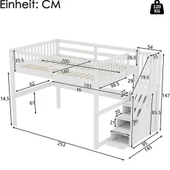 Aapaas Lit mezzanine 140x200 cm blanc avec tiroirs de rangement et bureau intégré sous le lit pour enfant Hot
