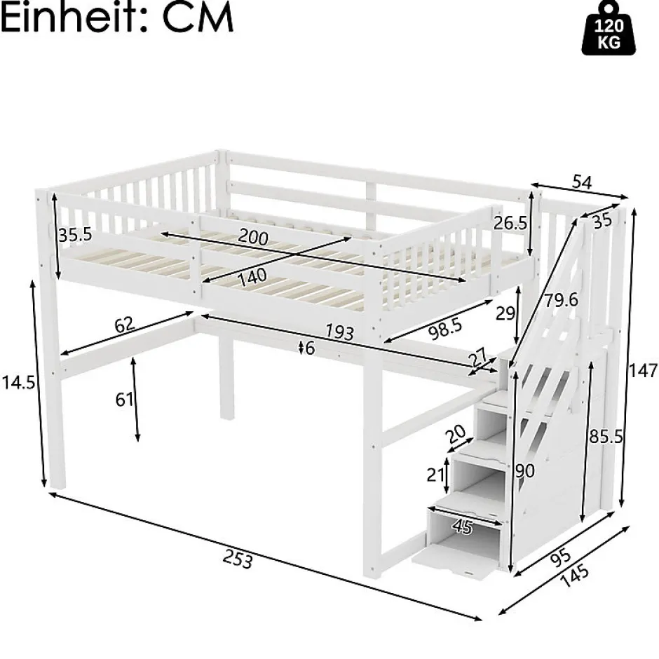 Aapaas Lit mezzanine 140x200 cm blanc avec tiroirs de rangement et bureau intégré sous le lit pour enfant Hot