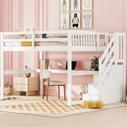 Aapaas Lit mezzanine 140x200 cm blanc avec tiroirs de rangement et bureau intégré sous le lit pour enfant Hot