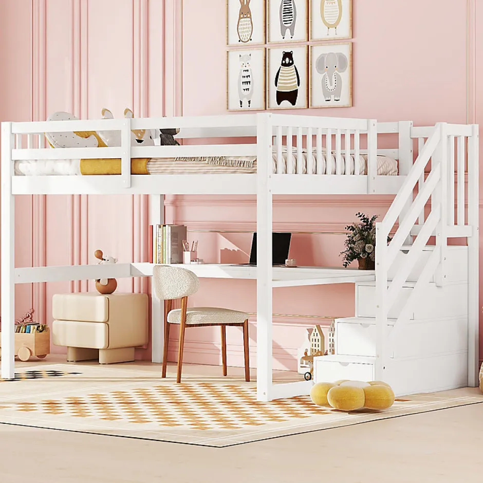 Aapaas Lit mezzanine 140x200 cm blanc avec tiroirs de rangement et bureau intégré sous le lit pour enfant Hot