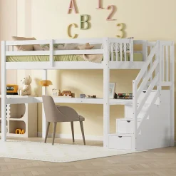 Enfant Aapaas Lit mezzanine 90x200 cm blanc avec tiroirs de rangement et bureau intégré sous le lit pour enfant