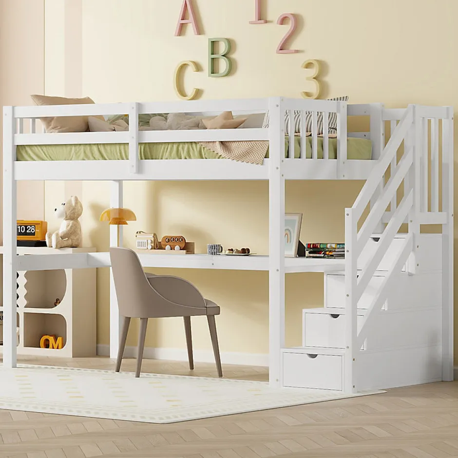 Enfant Aapaas Lit mezzanine 90x200 cm blanc avec tiroirs de rangement et bureau intégré sous le lit pour enfant