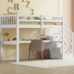 Enfant Aapaas Lit mezzanine 90x200 cm blanc avec tiroirs de rangement et bureau intégré sous le lit pour enfant