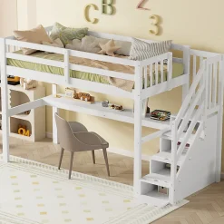 Enfant Aapaas Lit mezzanine 90x200 cm blanc avec tiroirs de rangement et bureau intégré sous le lit pour enfant