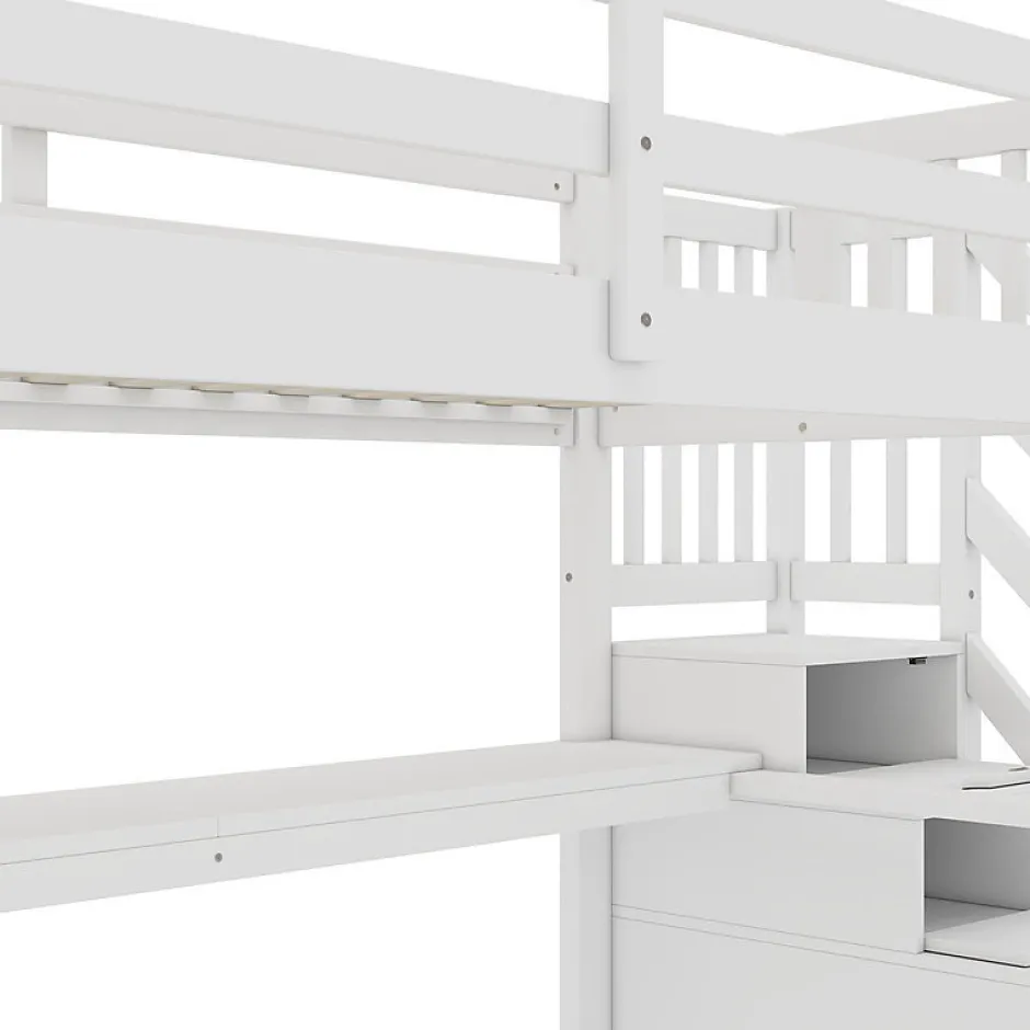Enfant Aapaas Lit mezzanine 90x200 cm blanc avec tiroirs de rangement et bureau intégré sous le lit pour enfant