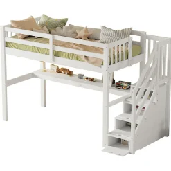 Enfant Aapaas Lit mezzanine 90x200 cm blanc avec tiroirs de rangement et bureau intégré sous le lit pour enfant