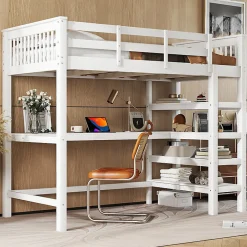 Enfant Aapaas Lit mezzanine 90x200 cm blanc sans matelas avec bureau integre et etageres pour chambre denfant