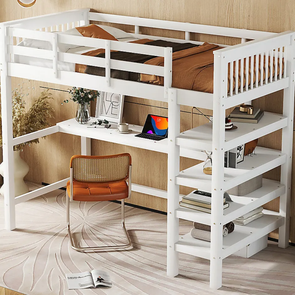 Enfant Aapaas Lit mezzanine 90x200 cm blanc sans matelas avec bureau integre et etageres pour chambre denfant