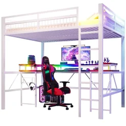 Okwish Lit Mezzanine 140x200 cm -Bureau Intégré, Éclairage LED Réglable, Panneau Perforé, Ports USB, Type-C et 2 Prises - Métal/MDF Blanc Discount