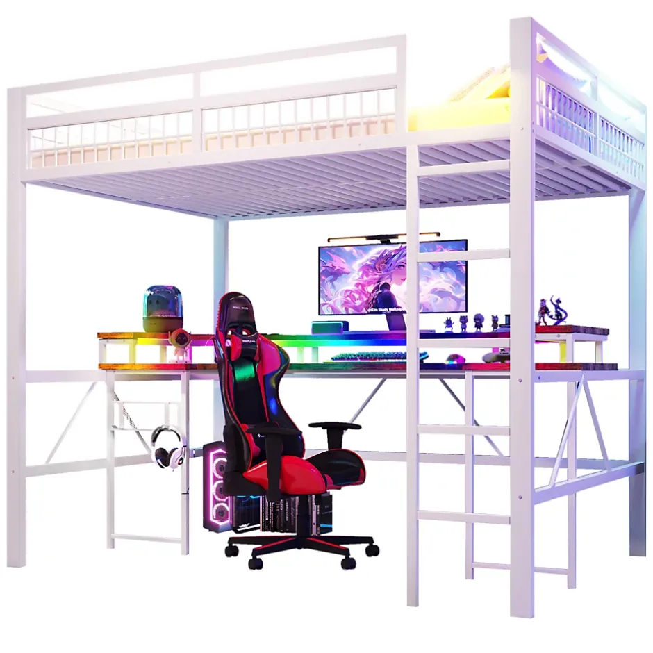Okwish Lit Mezzanine 140x200 cm -Bureau Intégré, Éclairage LED Réglable, Panneau Perforé, Ports USB, Type-C et 2 Prises - Métal/MDF Blanc Discount