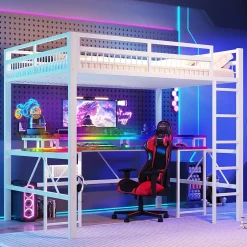 Okwish Lit Mezzanine 140x200 cm -Bureau Intégré, Éclairage LED Réglable, Panneau Perforé, Ports USB, Type-C et 2 Prises - Métal/MDF Blanc Discount
