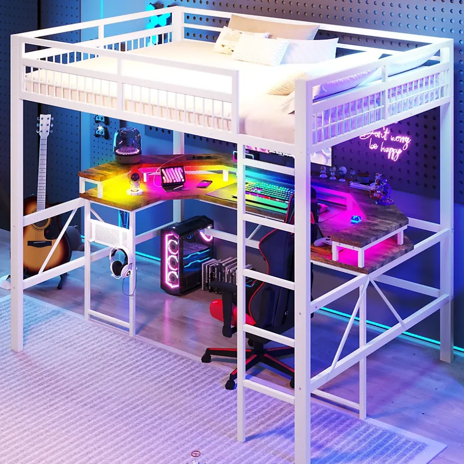 Okwish Lit Mezzanine 140x200 cm -Bureau Intégré, Éclairage LED Réglable, Panneau Perforé, Ports USB, Type-C et 2 Prises - Métal/MDF Blanc Discount