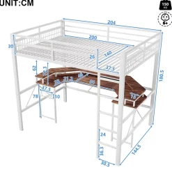 Okwish Lit Mezzanine 140x200 cm -Bureau Intégré, Éclairage LED Réglable, Panneau Perforé, Ports USB, Type-C et 2 Prises - Métal/MDF Blanc Discount