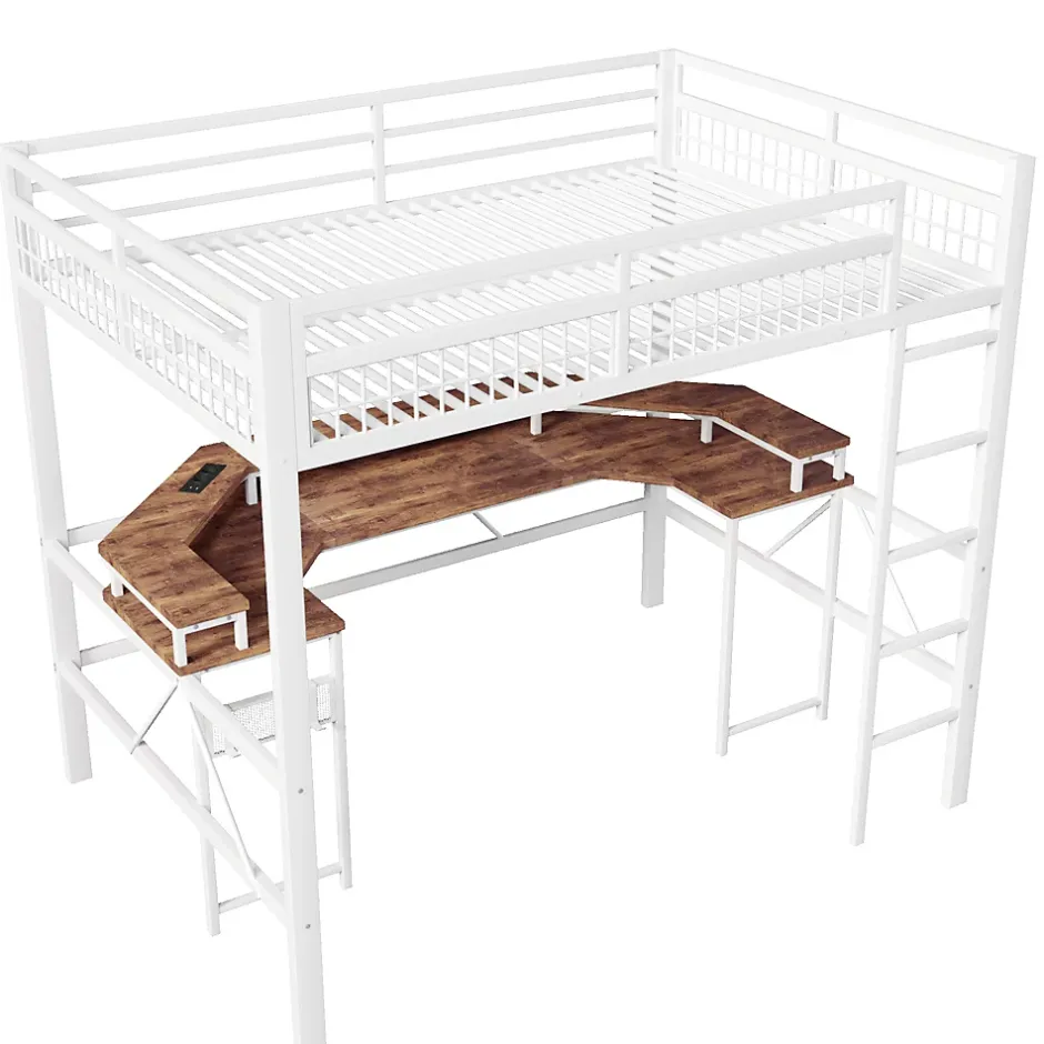 Okwish Lit Mezzanine 140x200 cm -Bureau Intégré, Éclairage LED Réglable, Panneau Perforé, Ports USB, Type-C et 2 Prises - Métal/MDF Blanc Discount