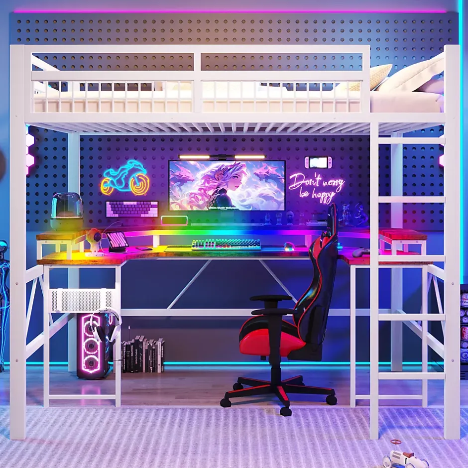Okwish Lit Mezzanine 140x200 cm -Bureau Intégré, Éclairage LED Réglable, Panneau Perforé, Ports USB, Type-C et 2 Prises - Métal/MDF Blanc Discount