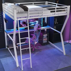 Okwish Lit mezzanine 140x200 cm déco avec bureau intégré, prises USB et LED, escalier sécurisé, métal+MDF blanc, sans matelas