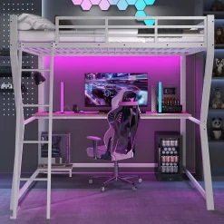 Okwish Lit mezzanine 140x200 cm déco avec bureau intégré, prises USB et LED, escalier sécurisé, métal+MDF blanc, sans matelas
