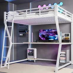 Okwish Lit mezzanine 140x200 cm déco avec bureau intégré, prises USB et LED, escalier sécurisé, métal+MDF blanc, sans matelas
