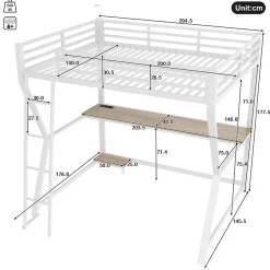 Okwish Lit mezzanine 140x200 cm déco avec bureau intégré, prises USB et LED, escalier sécurisé, métal+MDF blanc, sans matelas