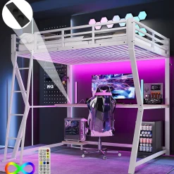 Okwish Lit mezzanine 140x200 cm déco avec bureau intégré, prises USB et LED, escalier sécurisé, métal+MDF blanc, sans matelas